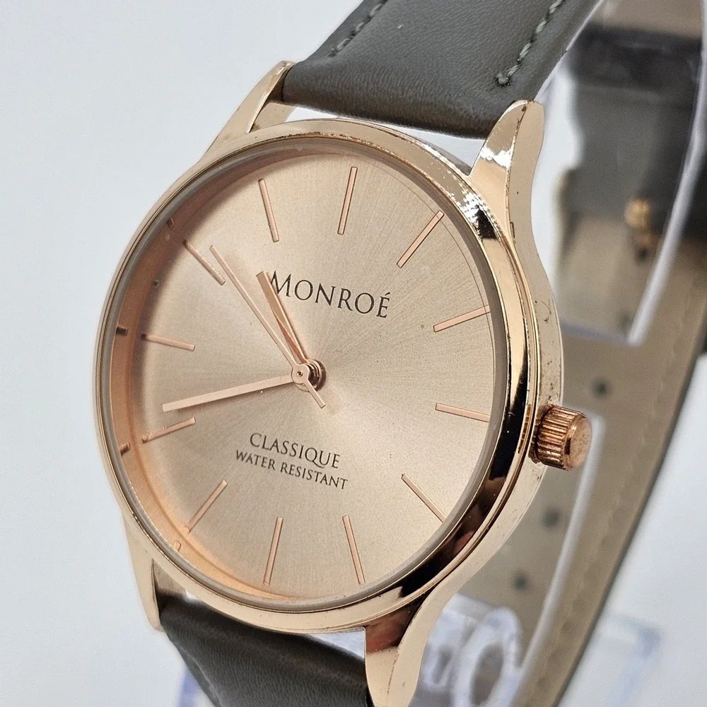 Monroe by Maestro Women Watch 36MM Gold Dial Gray Leather Band Straps NewBattery